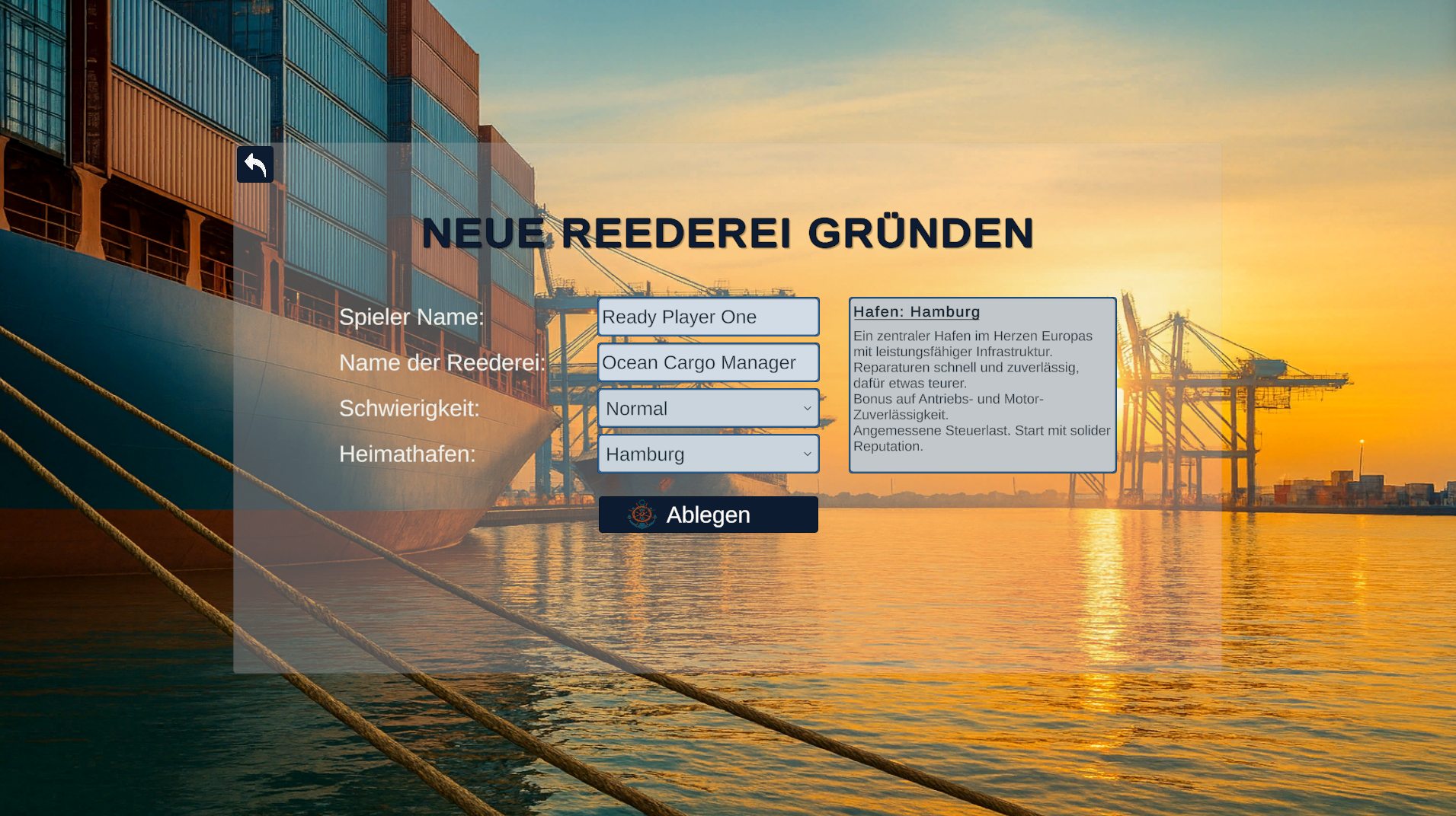 Bildschirm zur Gründung einer neuen Reederei in Ocean Cargo Manager